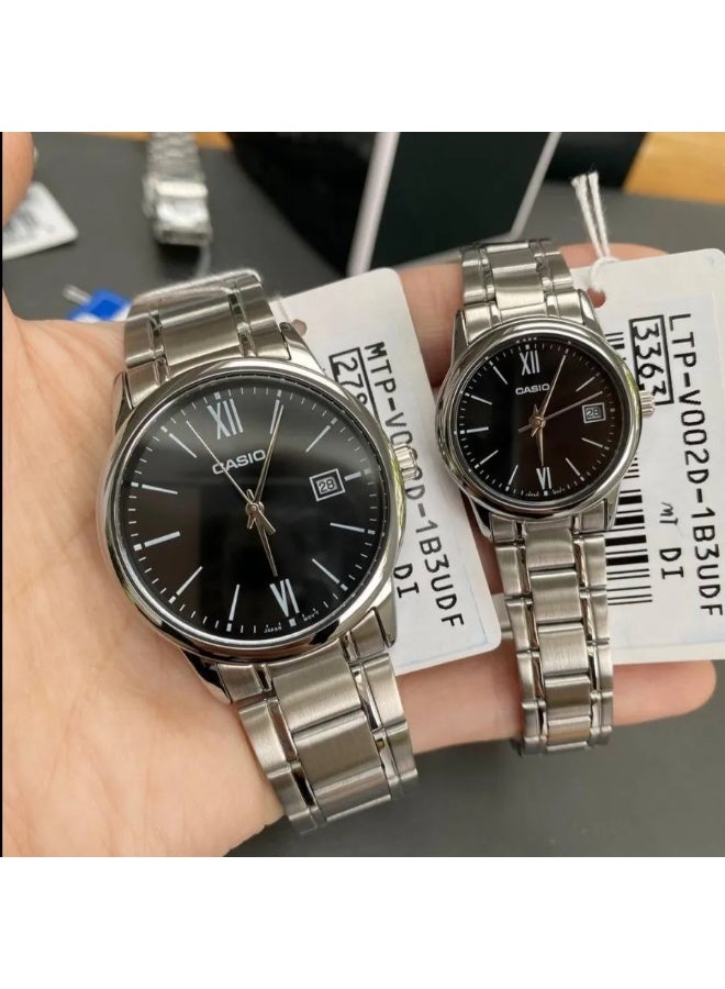 Casio Black Roman Stylish Dial Couple Gift Watches for His and Her MTP/LTP-V002D-1B3 - Image 2